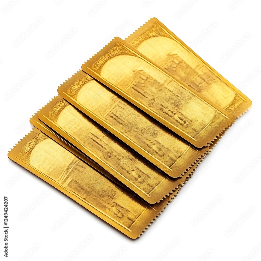 Fototapeta premium Shiny golden tickets symbolizing a prize or winning, isolated on white background