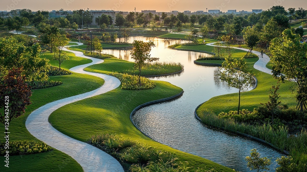 Serene landscape with winding pathways and reflective water at sunset Serene landscape with winding pathways and reflective water at sunset