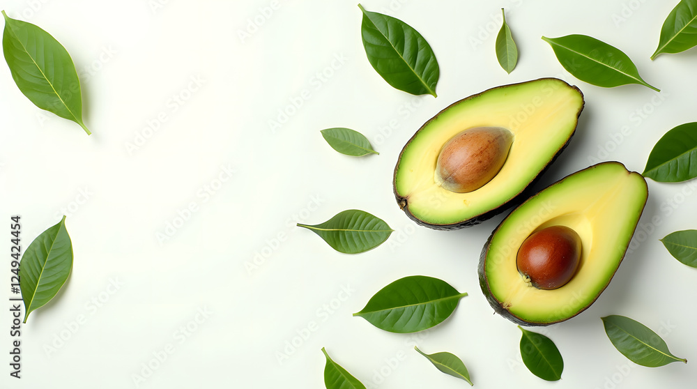 Vibrant Avocado Delight: Whole and Sliced Avocado with Seed Nestled Among Fresh Green Leaves on a Bright White Background Vibrant Avocado Delight: Whole and Sliced Avocado with Seed Nestled Among Fresh Green Leaves on a Bright White Background