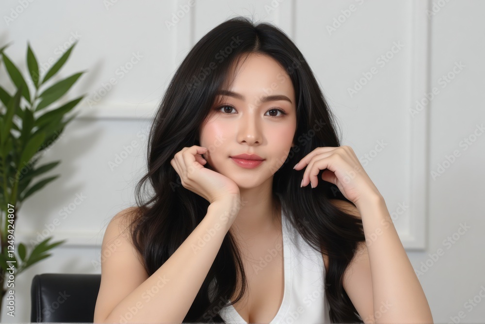 Asian woman with black hair, wearing a beige housedress, sitting at a minimalist wooden table, soft lighting Asian woman with black hair, wearing a beige housedress, sitting at a minimalist wooden table, soft lighting
