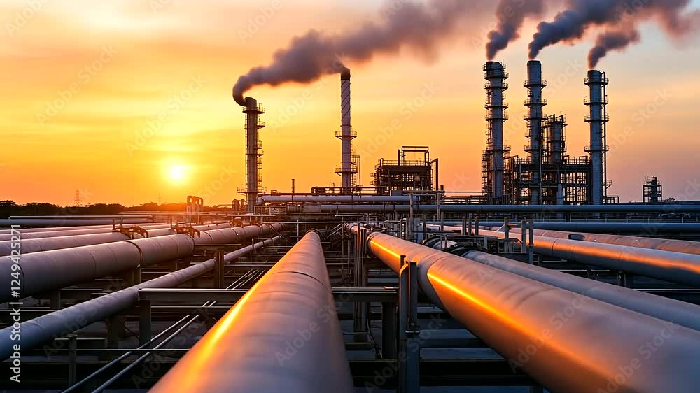 An expansive industrial oil processing plant with hundreds of interconnected pipes running along steel structures, set against a smoky orange sunset. An expansive industrial oil processing plant with hundreds of interconnected pipes running along steel structures, set against a smoky orange sunset.