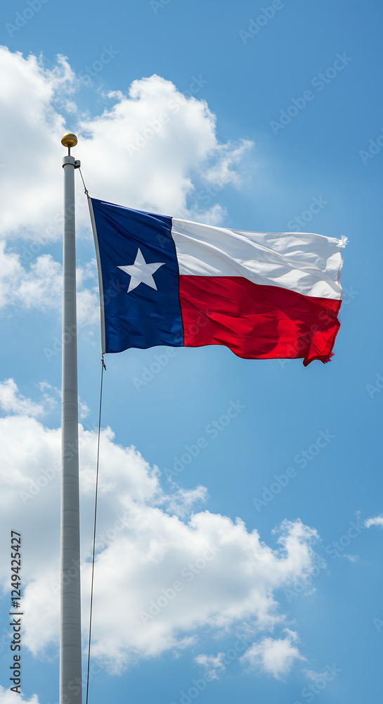 Lone Star State Pride: Texas Flag Waving Proudly Under a Beautiful Blue Sky with Clouds - Showcasing Texan Heritage and Patriotism Lone Star State Pride: Texas Flag Waving Proudly Under a Beautiful Blue Sky with Clouds - Showcasing Texan Heritage and Patriotism