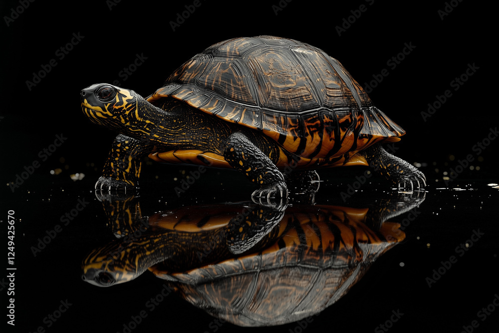 Obraz premium Turtle with patterned shell reflecting on black surface.