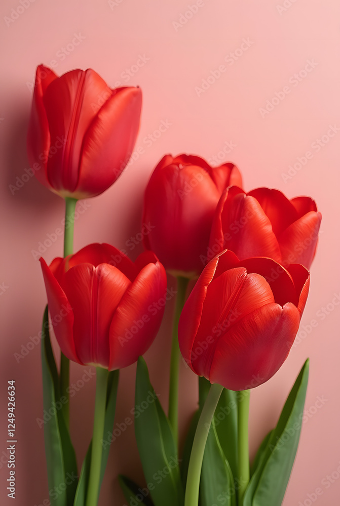 Fototapeta premium Vibrant Red Tulip Bouquet on a Floral Background, Perfect for Valentine's Day, International Women’s Day, and Celebrating Love