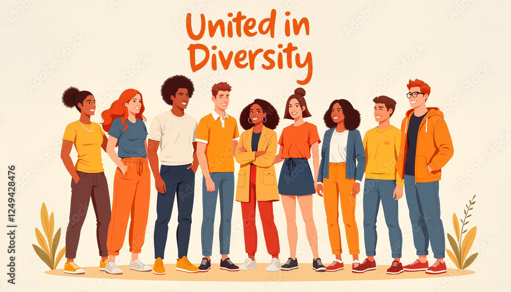 Obraz premium Diverse young people standing together in cheerful colors, unity concept, Youth Day