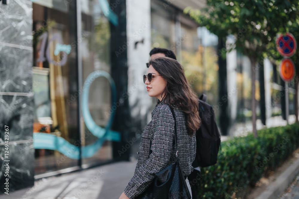 Obraz premium A confident businesswoman wearing sunglasses walks along a city street, exuding professionalism and style. The urban setting adds a dynamic backdrop, highlighting modern business life.
