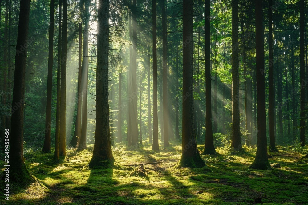 Fototapeta premium Sunlight Streaming Through Dense Forest Trees