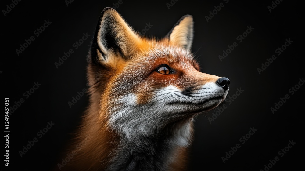 This captivating image showcases a close-up profile of a red fox, highlighting its expressive eyes and vibrant fur against a dark background, embodying the essence of wilderness. This captivating image showcases a close-up profile of a red fox, highlighting its expressive eyes and vibrant fur against a dark background, embodying the essence of wilderness.