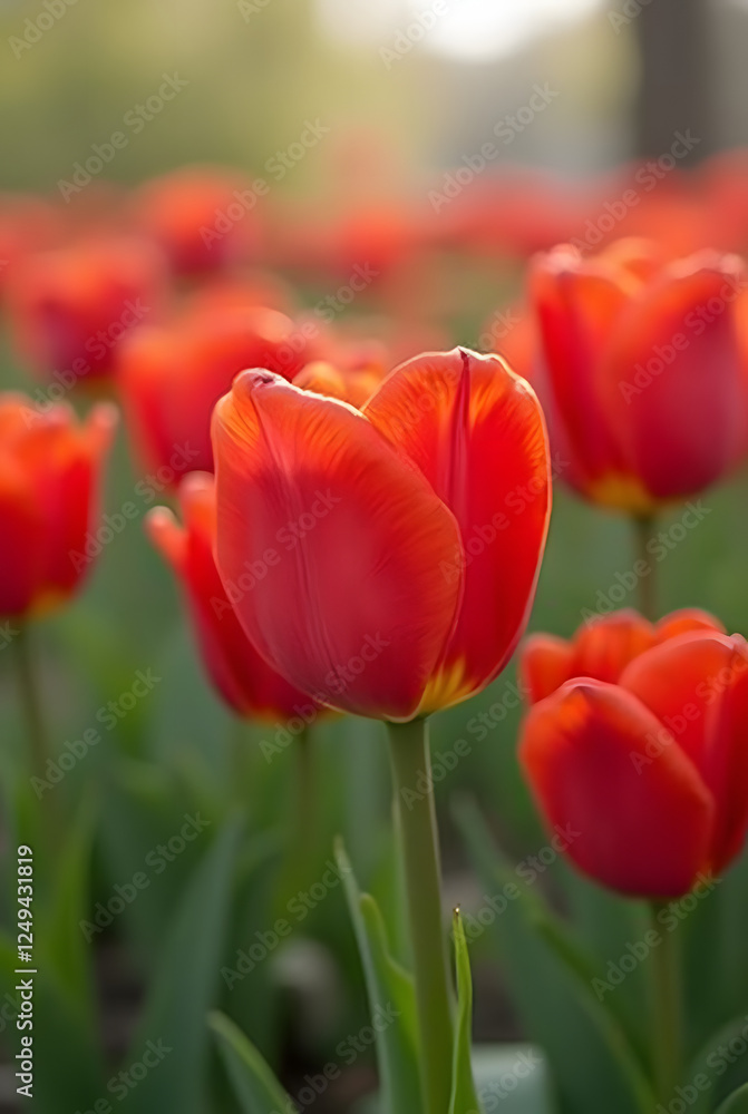 Vibrant Red Tulips Flourishing in a Spring Garden - Ideal Panoramic Background for Floral Photography, Nature Aesthetics, and Garden Inspiration Vibrant Red Tulips Flourishing in a Spring Garden - Ideal Panoramic Background for Floral Photography, Nature Aesthetics, and Garden Inspiration