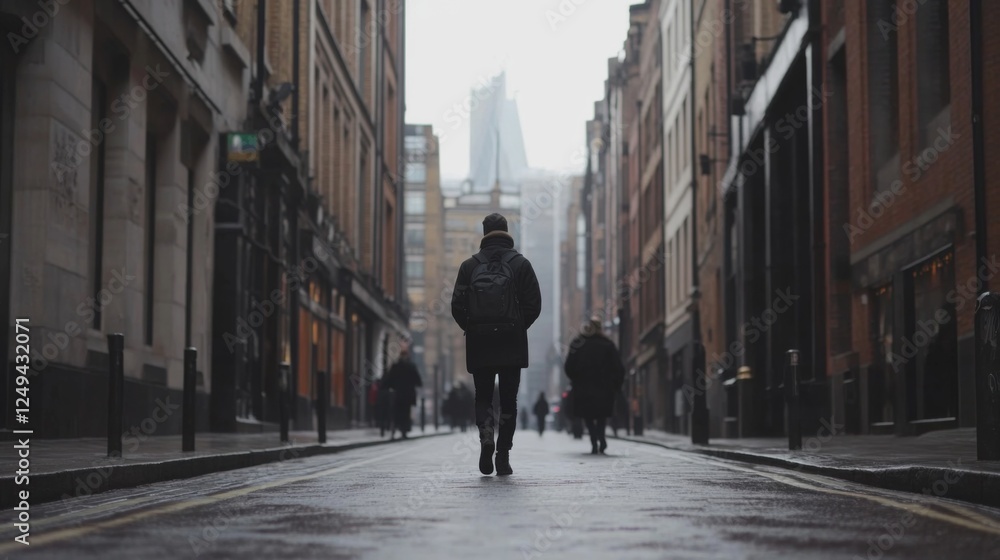 Man walking down city street, background buildings, overcast day, urban travel