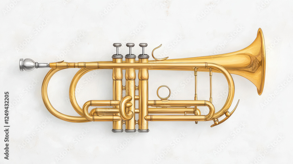 Fototapeta premium Golden brass trumpet with intricate details on white background