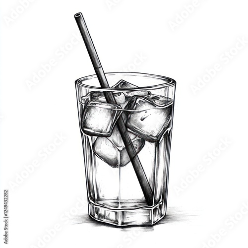 Hand-drawn glass of water with ice and straw. Illustration for beverage or drink design