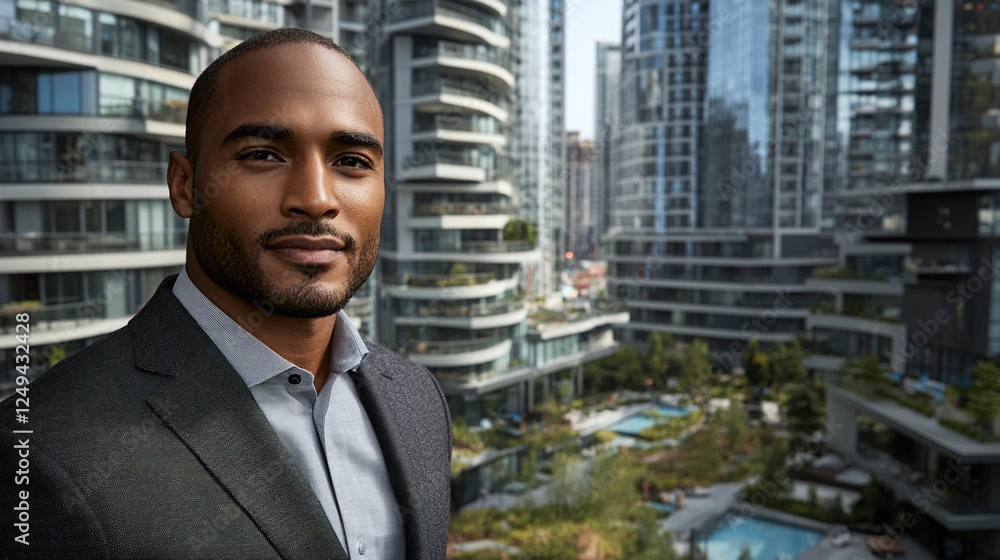Fototapeta premium Urban property executive showcasing modern residential development project