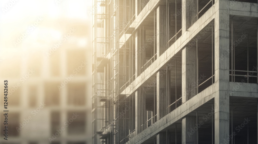 Fototapeta premium Modern building construction, urban skyline, sunrise