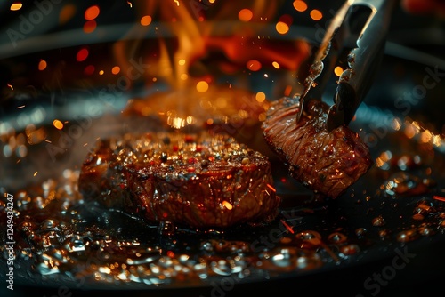 Sizzling steak cooking with flames and spices, perfect for food lovers and chefs. photo