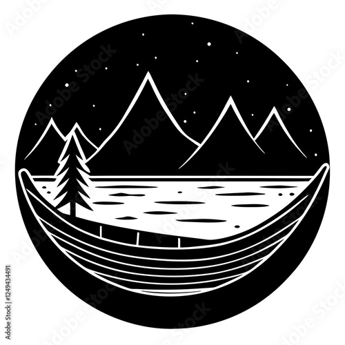 Canoe floating on a calm river  silhouette vector illustration 