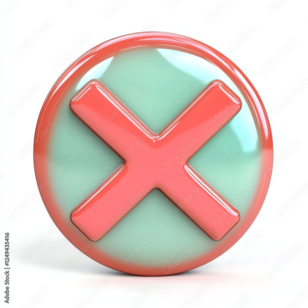 A glossy button featuring a large coral 'X' on a mint green background, symbolizing cancellation or rejection. A glossy button featuring a large coral 'X' on a mint green background, symbolizing cancellation or rejection.