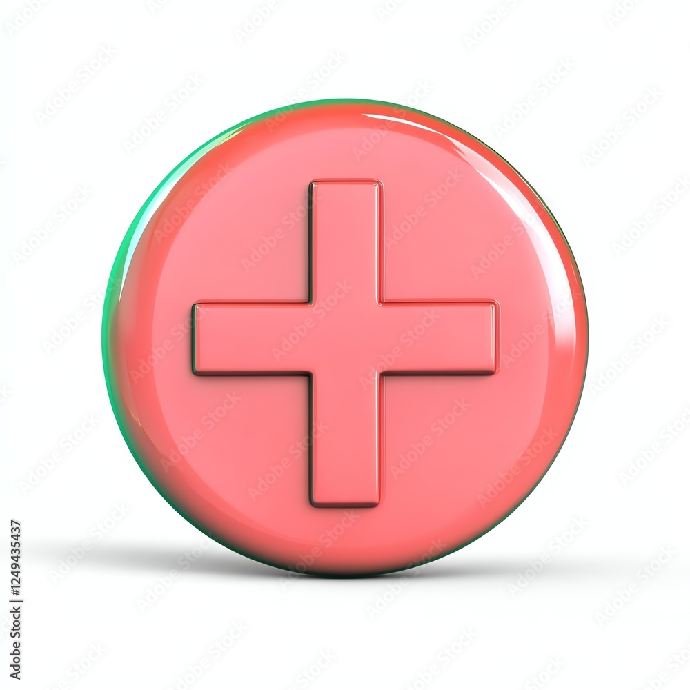 Fototapeta premium A glossy pink circular button featuring a white plus sign, symbolizing addition or positivity.