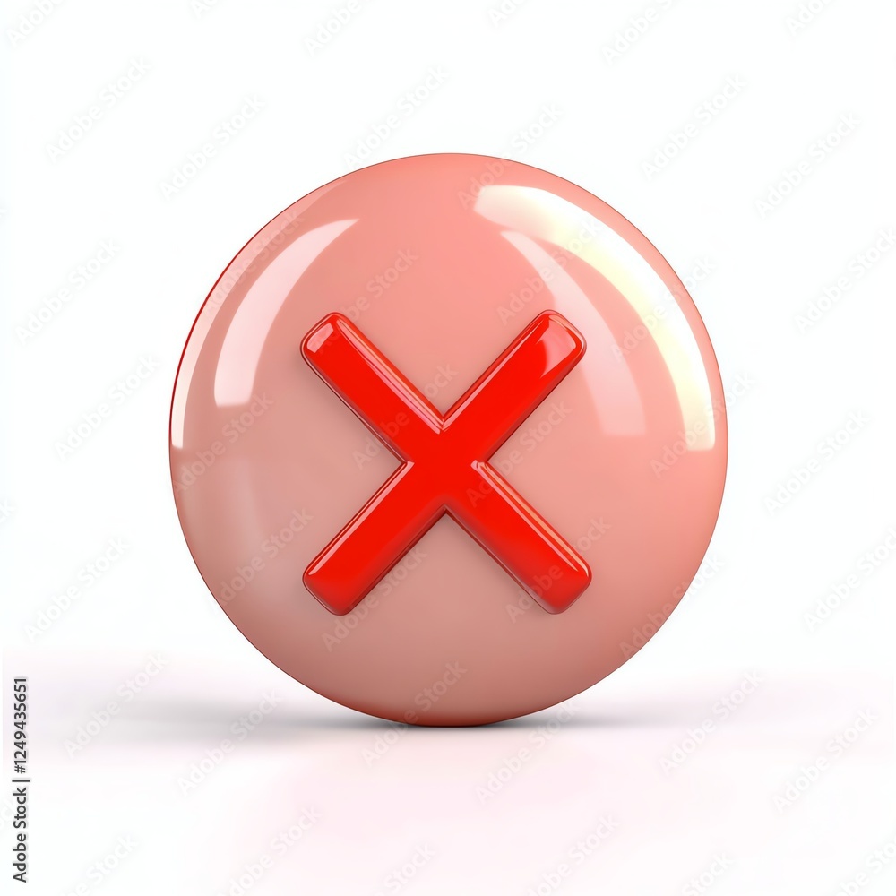 Fototapeta premium A glossy, round button featuring a red cross symbol on a light pink background, indicating a negative or cancellation action.