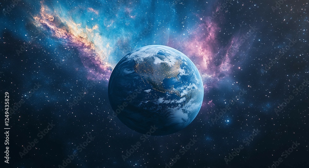 Obraz premium Our Pale Blue Dot: A cosmic perspective on Earth as seen from space, showcasing the intricate beauty of our planet against a backdrop of swirling nebulae and a vast, star-studded universe.