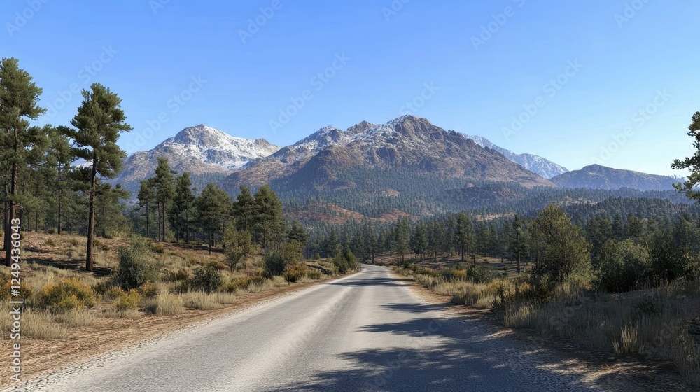 Fototapeta premium Sunlit highway through rocky hills and sparse vegetation in dry climate