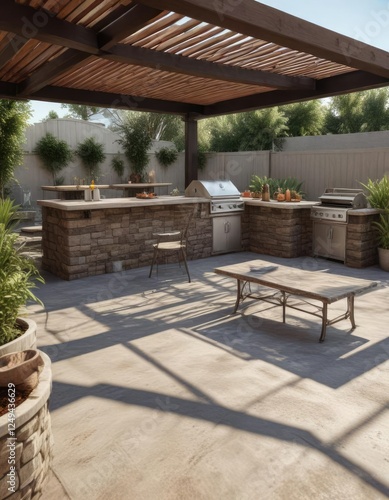 Patio with built-in BBQ area and outdoor kitchen, modern decor, BBQ area, patio furniture
