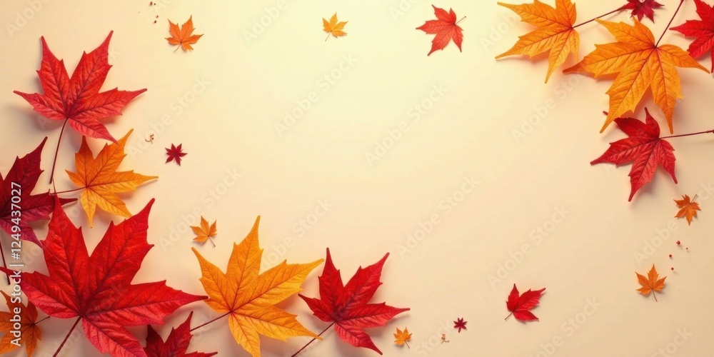 Autumnal foliage arrangement with vibrant red and orange leaves creating a border on a beige background Autumnal foliage arrangement with vibrant red and orange leaves creating a border on a beige background