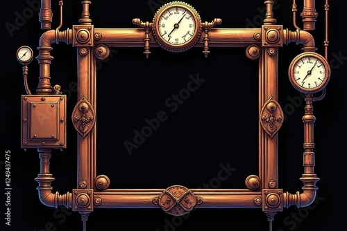 Steampunk photo frame with vintage copper finish and antique clocks, baroque style frame featuring four time pieces and ornate corners on dark background