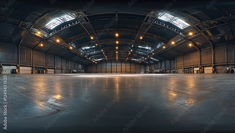 A panoramic view of an empty hangar with LED lighting, emphasizing the spaciousness and clean lines A panoramic view of an empty hangar with LED lighting, emphasizing the spaciousness and clean lines