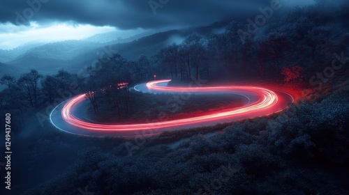 Spiral road winding through night mountains with red and blue light trails