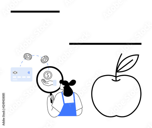 Woman in blue apron examines payment methods and coins, giant apple outline to side. Ideal for finance, payment solutions, food industry, commerce, shopping, agriculture market analysis. Abstract