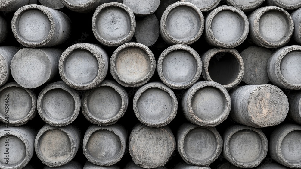 Stacked Grey Concrete Pipes - A close-up view of stacked grey concrete pipes showcasing their circular ends and textured surfaces. Stacked Grey Concrete Pipes - A close-up view of stacked grey concrete pipes showcasing their circular ends and textured surfaces.