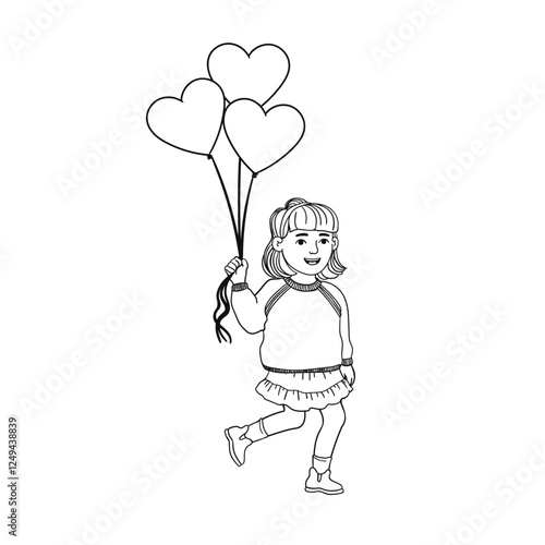 Vector Outline Illustration of a Little Girl Walks with Heart-Shaped Balloons Isolated on White Background