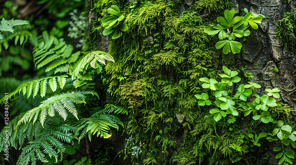A close-up of a tree trunk covered in thick, green moss and delicate ferns growing at its base. A close-up of a tree trunk covered in thick, green moss and delicate ferns growing at its base.