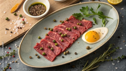 Raw beef strips on a plate with capers yolk and mustard dollop, tartare, capers, plate, food photo