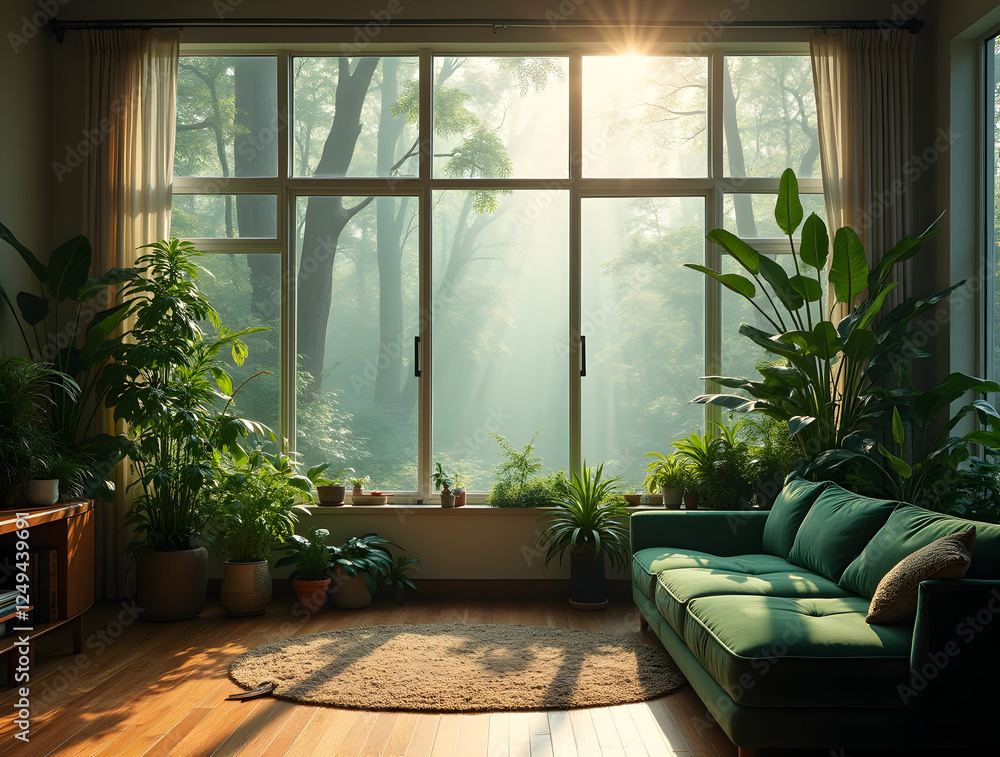 Bright and Inviting Living Room Featuring a Spacious Window Overlooking a Dreamy Misty Forest, Complete with a Luxurious Green Velvet Sofa and Lush Indoor Plants Bright and Inviting Living Room Featuring a Spacious Window Overlooking a Dreamy Misty Forest, Complete with a Luxurious Green Velvet Sofa and Lush Indoor Plants