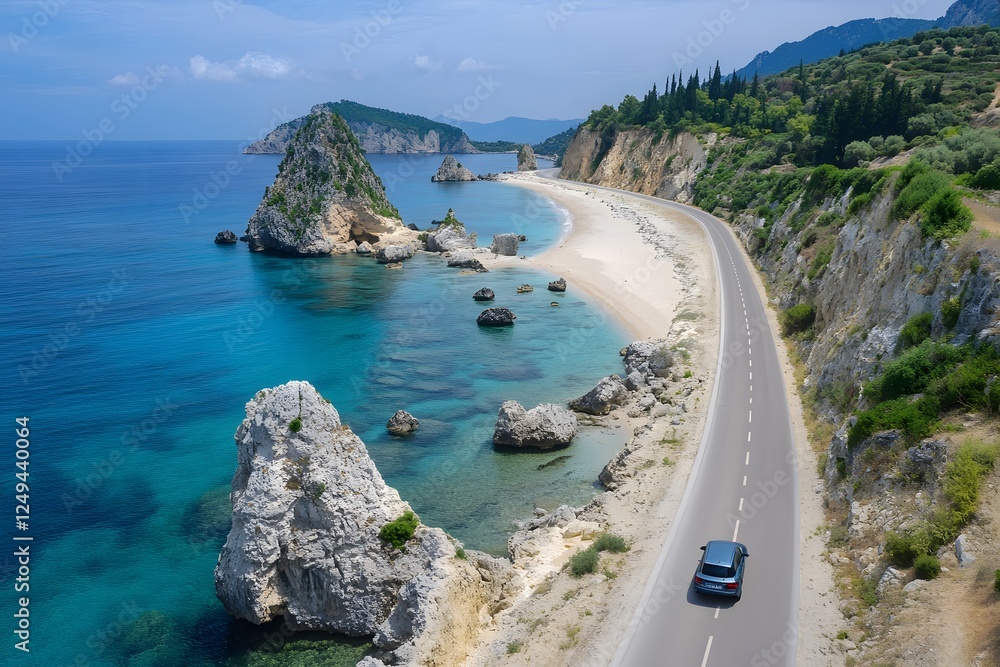Coastal road trip car drives scenic beach highway, turquoise waters, cliffs Coastal road trip car drives scenic beach highway, turquoise waters, cliffs