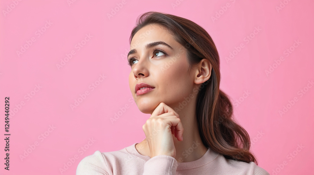 Portrait of creative gorgeous young woman arm touch chin look empty space brainstorming isolated on pink pastel color background Portrait of creative gorgeous young woman arm touch chin look empty space brainstorming isolated on pink pastel color background