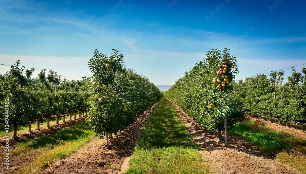 Obraz premium Fruit trees growing in rows in orchard