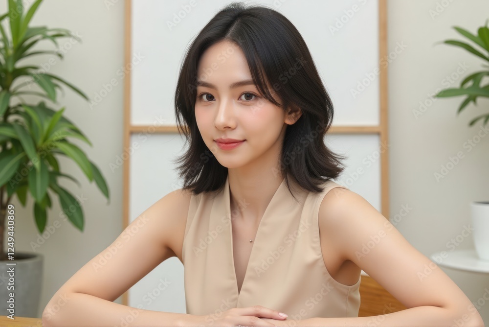 Asian woman with radiant skin, black hair, beige housedress, sitting at a table, white canvas backdrop Asian woman with radiant skin, black hair, beige housedress, sitting at a table, white canvas backdrop