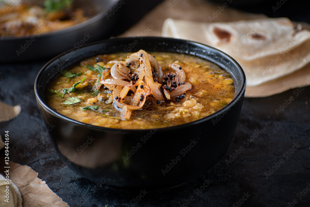 Vegan split yellow pea soup with caremelized onions, flat breads. Black background, copy space Vegan split yellow pea soup with caremelized onions, flat breads. Black background, copy space