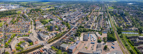 An aerial panorama view around the old town of the city Heerenveen on a sunny summer day in the Netherlands photo