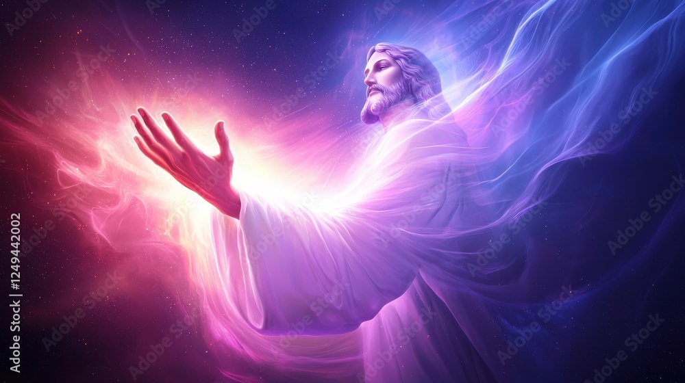 Naklejka premium Spiritual figure in flowing white robe, outstretched hands, vibrant purple and pink nebula background, glowing light emanating from hands, artistic digital rendering, powerful and serene image.