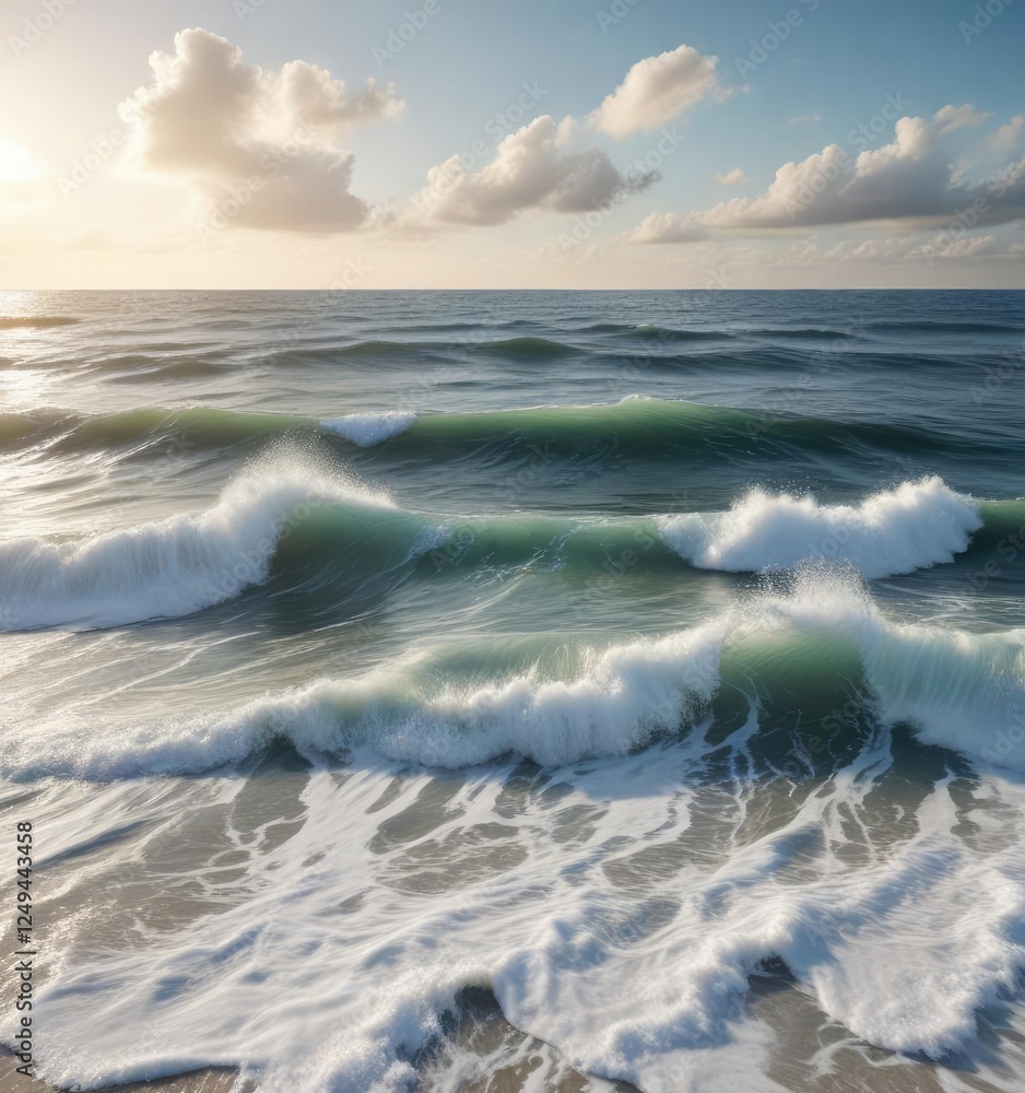 Obraz premium Sea surface with large white foamy waves and a distant horizon line , surf, sea