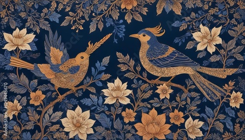Birds Amongst Blossoms: A pair of intricately detailed birds, one perched and the other in flight.