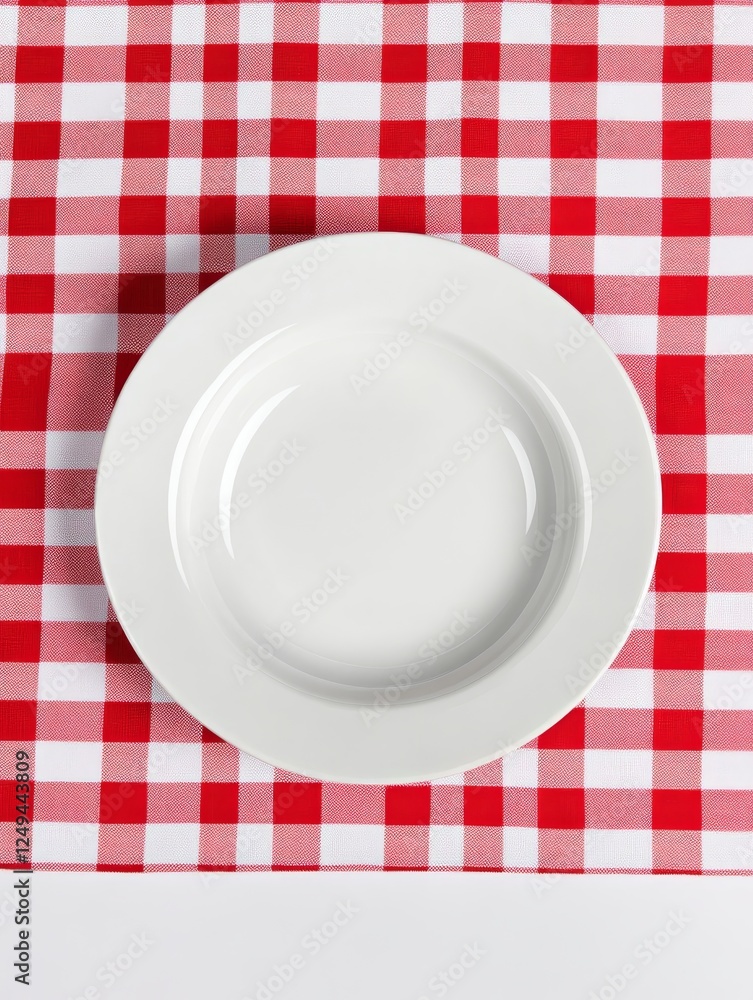 Simple white plate on a red checkered tablecloth - A clean white plate rests on a vibrant red checkered tablecloth symbolizing dining, warmth, simplicity, tradition, and comfort. Simple white plate on a red checkered tablecloth - A clean white plate rests on a vibrant red checkered tablecloth symbolizing dining, warmth, simplicity, tradition, and comfort.