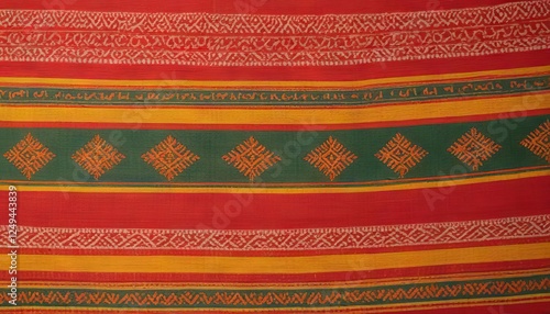 Sambalpuri Textile: Close-up of vibrant Sambalpuri handloom textile showcasing intricate geometric patterns in red, green, and gold.
