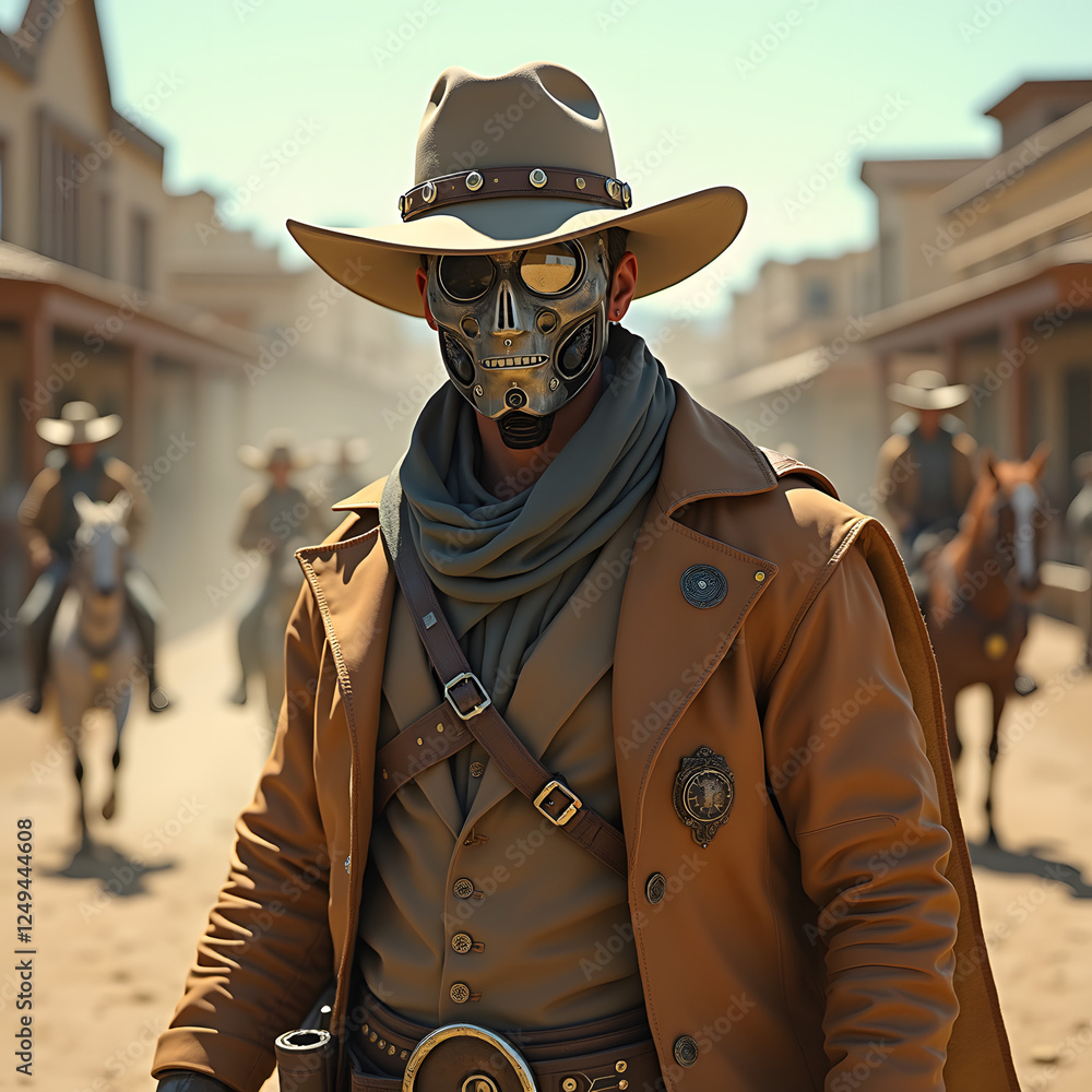 A mysterious cowboy wearing a retro-futuristic mask stands confidently in a deserted western town, with fellow riders and horses in the background A mysterious cowboy wearing a retro-futuristic mask stands confidently in a deserted western town, with fellow riders and horses in the background