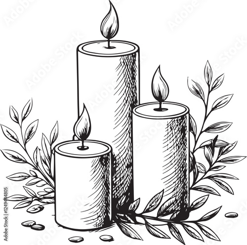 Candles Sketch Drawing Engraving Black and White Vector Illustration, Isolated, Line Linear Art