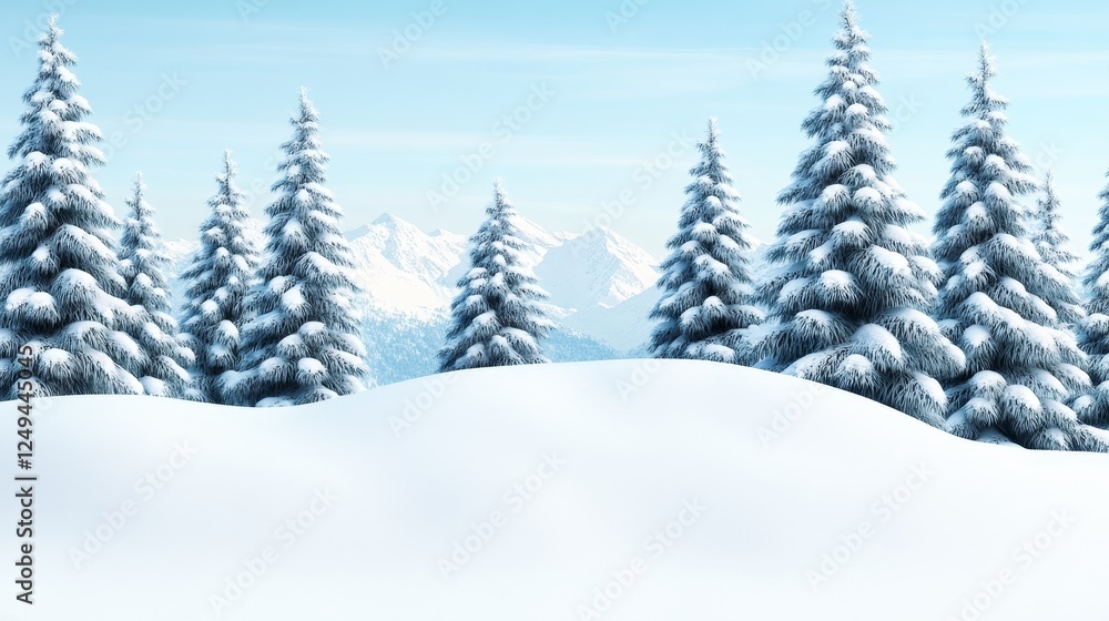 Winter Wonderland with Snowy Trees - A picturesque winter landscape featuring snow-covered trees and distant mountains under a clear blue sky. Winter Wonderland with Snowy Trees - A picturesque winter landscape featuring snow-covered trees and distant mountains under a clear blue sky.